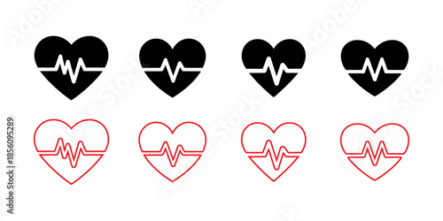 Red heart rate line icons on black background for medical themes