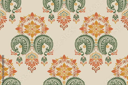 African boho paisley floral embroidery Ikat border pattern with ethnic Indian and Aztec influences. Seamless ethnic Ikat floral motifs featuring ornamental embroidery details, inspired by traditional 