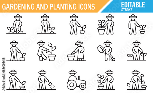Clean line icons for gardening, watering, and digging.