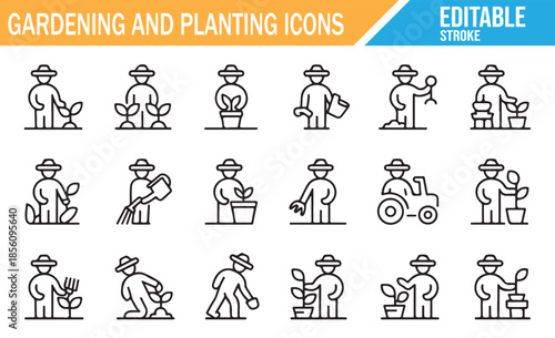 Farmer with tools and plants editable stroke icons.