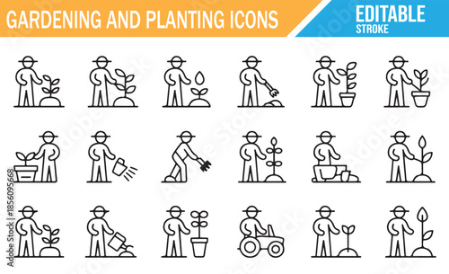 Set of 18 simple outline icons for gardening and farming.