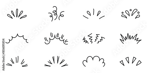 doodle line sparkle vector set, comic style decorative lines, burst effects, and dynamic radial patterns. Hand drawn pop surprise line frame for title headline illustration. Doodle sparkle and rays .
