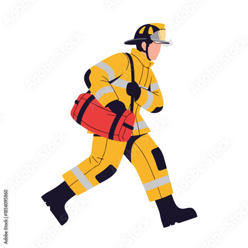 Firefighter in Full Gear Running with Rescue Bag Illustration