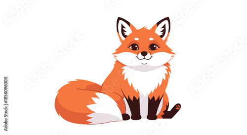 Beautiful illustration of a fluffy orange fox sitting calmly with a thick tail and black paws on a white background.