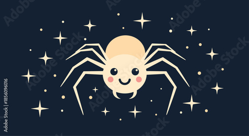 Cute little spider with a happy face and rosy cheeks surrounded by twinkling stars on a dark blue night sky background.