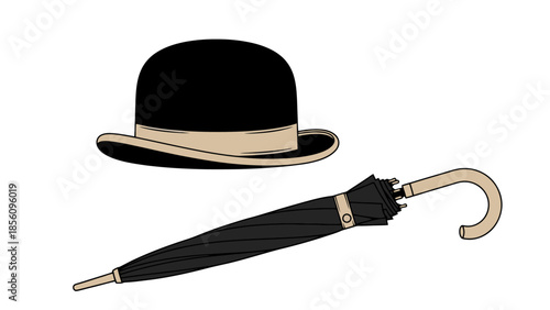 Classic British Gentleman's Accessories Bowler Hat and Umbrella Illustration