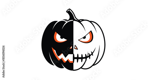 Spooky halloween pumpkin with a face split into black and white halves featuring glowing orange eyes and a jagged grin.