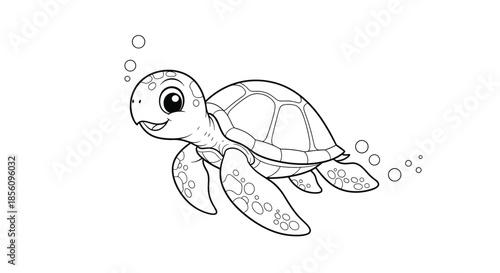 Simple black and white line art of a cute sea turtle swimming among bubbles perfect for a children coloring page.