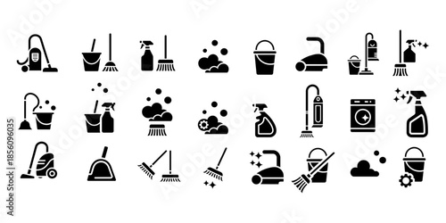 Cleaning tools and supplies icons for business and home use