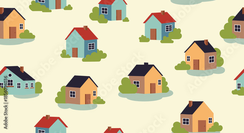 Colorful seamless pattern of simple houses in different colors and shapes with green bushes on a pale yellow background.