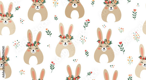 Seamless pattern featuring adorable bunnies wearing floral crowns with small flowers and leaves scattered across a crisp white background.