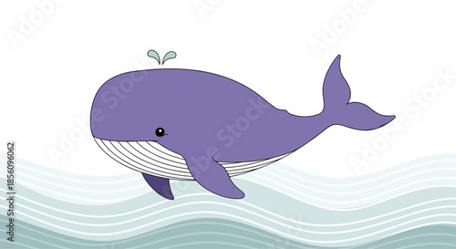 Charming purple whale swimming through gentle stylized waves with a small water spout in a simple cartoon illustration for children.