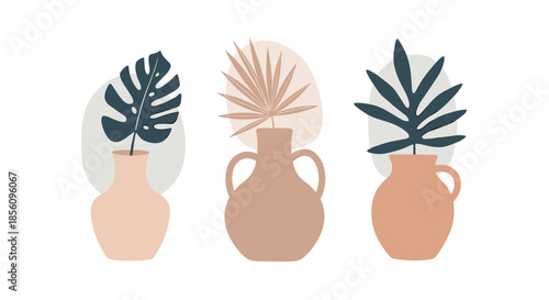 Modern minimalist composition of three ceramic vases containing different tropical leaves against abstract shapes in a muted earth tone palette.