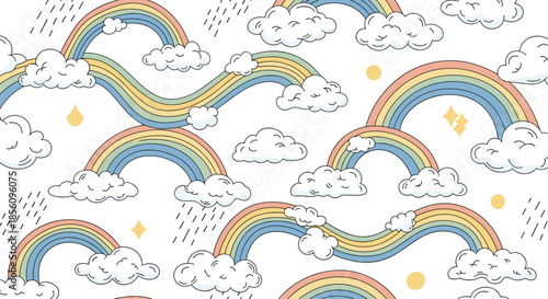 Colorful seamless pattern showing whimsical rainbows jumping between fluffy white clouds with raindrops and stars on a white background.