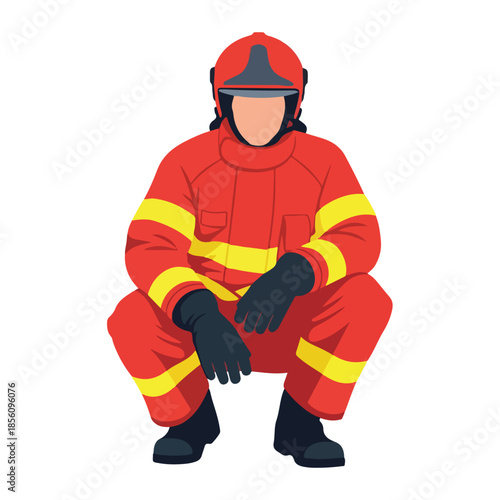 Firefighter in Protective Gear Squatting, Ready for Action