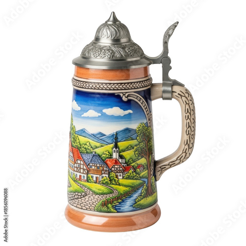 Traditional german beer stein with village scene
