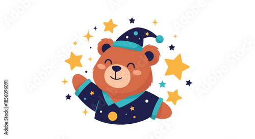 Adorable brown bear wearing a nightcap and pajamas surrounded by glowing yellow stars in a cozy nighttime illustration for children.
