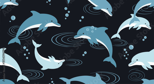 Seamless pattern of graceful dolphins jumping through dark blue ocean waves with air bubbles in a clean minimalist illustration style.