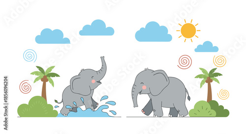 Two cute gray elephants playing in the water and walking through a tropical landscape with palm trees and a bright sun.