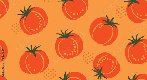 Vibrant seamless pattern with ripe orange tomatoes and green leaves on a warm orange background for food related designs.