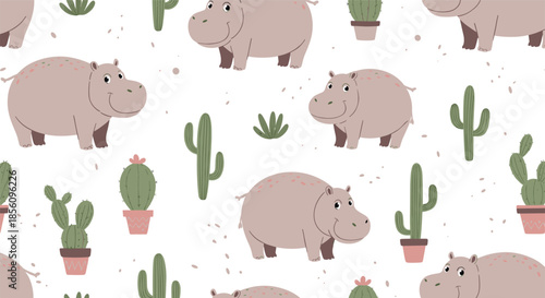 Whimsical seamless pattern featuring cute hippos, various cacti in pots, and small pebbles on a clean white background.