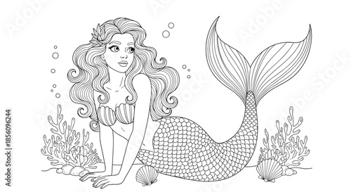 Beautiful mermaid sitting on the ocean floor with shells and coral in a detailed line art illustration for coloring activities.