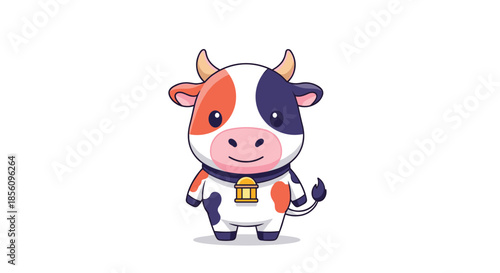Adorable baby cow character with colorful spots and a small golden bell around its neck isolated on a white background.
