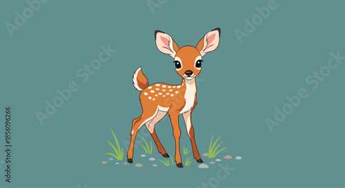 Young deer fawn with white spots standing in a small grassy area with stones on a plain blue background for nature designs.