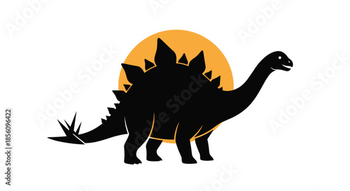 Black silhouette of a stegosaurus dinosaur walking in front of a large orange sun representing prehistoric times and history.