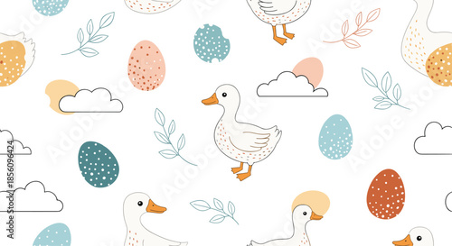 Charming seamless pattern with white ducklings colorful easter eggs clouds and leaf branches on a white background.