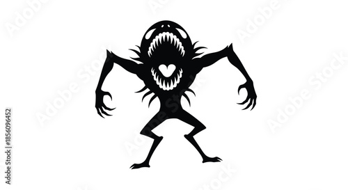 Menacing silhouette of a monster with a large mouth sharp teeth and long claws isolated on a white background for horror.