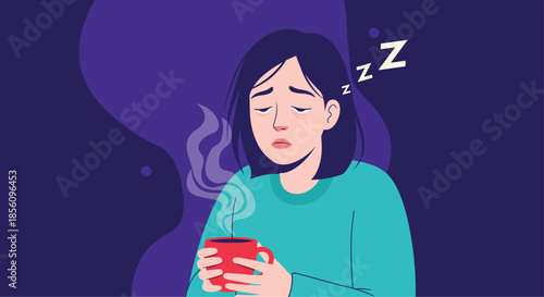 Exhausted woman holding a hot red mug of coffee in a dark room with sleep symbols representing insomnia or late night work.