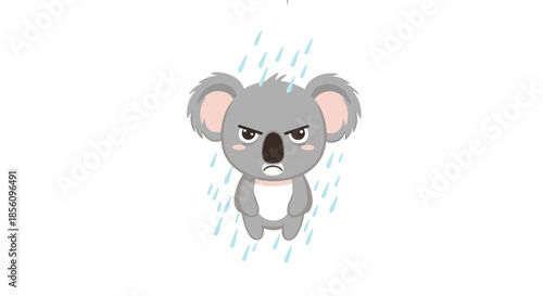 Grumpy koala character standing in the rain with an angry facial expression showing frustration with the bad weather.