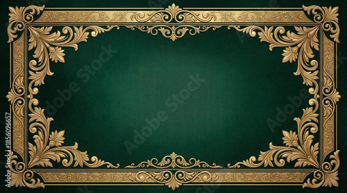 Dark emerald green background, gold frame border