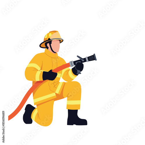 Firefighter Kneeling with Hose, Preparing for Fire