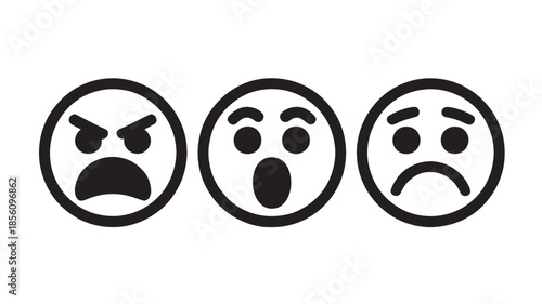 Angry, shocked, and sad emoticon faces in simple flat design with bold black lines on white background for user interface icons