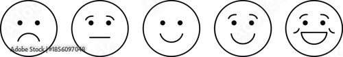 Vector illustration of five facial expression icons representing satisfaction levels from sad to happy for customer feedback rating scale design,