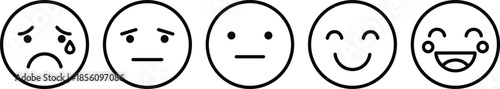 Emotions scale set, flat line vector icons, representing levels of satisfaction from sad and crying to happy and laughing, white background.
