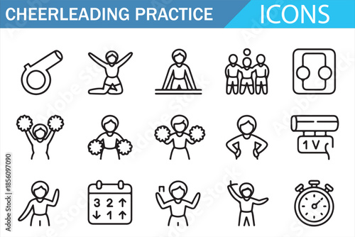 Cheerleader Training and Performance Icons Outline Set