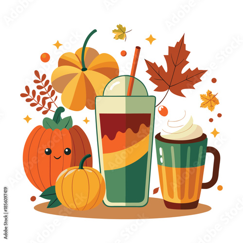 A simple flat vector illustration of pumpkins, squash, acorns, and autumn leaves. A seasonal harvest design perfect for Thanksgiving, fall decor, woodland themes, and cozy rustic backgrounds.
