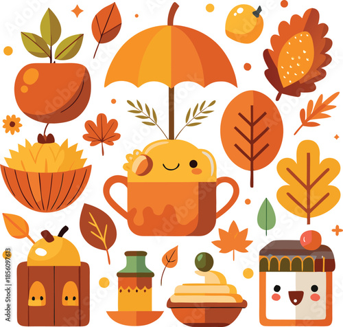 A simple flat vector illustration of pumpkins, squash, acorns, and autumn leaves. A seasonal harvest design perfect for Thanksgiving, fall decor, woodland themes, and cozy rustic backgrounds.
