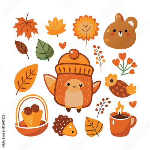 A simple flat vector illustration of pumpkins, squash, acorns, and autumn leaves. A seasonal harvest design perfect for Thanksgiving, fall decor, woodland themes, and cozy rustic backgrounds.
