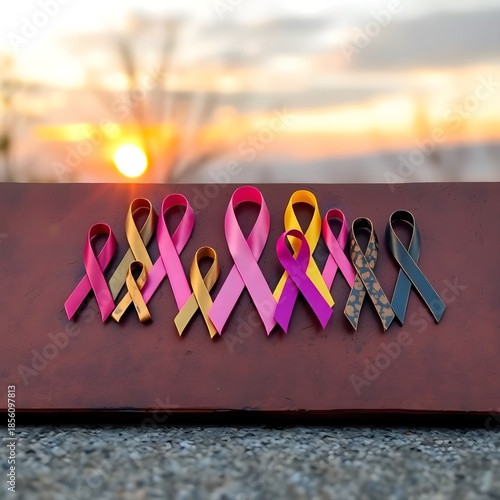 Cancer Awareness Ribbons in Various Colors on Soft Textured Background for Support and Hope