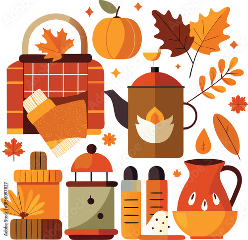 A simple flat vector illustration of pumpkins, squash, acorns, and autumn leaves. A seasonal harvest design perfect for Thanksgiving, fall decor, woodland themes, and cozy rustic backgrounds.
