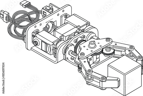 Line art of robotic arm blueprint with gripper and gears is on transparent backdrop.