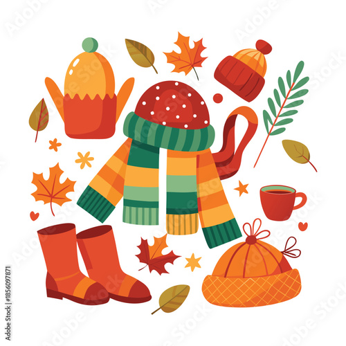 A simple flat vector illustration of pumpkins, squash, acorns, and autumn leaves. A seasonal harvest design perfect for Thanksgiving, fall decor, woodland themes, and cozy rustic backgrounds.
