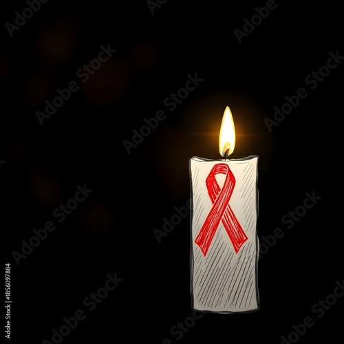 Glowing Candle with Cancer Awareness Ribbon Symbolizing Remembrance, Hope, and Support