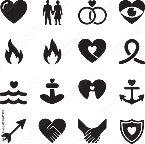 Valentine Faithfulness Line Icon Pack – Black and White Symbols of Devotion, Loyalty, and Enduring Love, 18 Objects