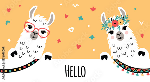 Two whimsical white llamas with glasses and flower crowns peeking over a white banner with a hello greeting on a cheerful yellow background.