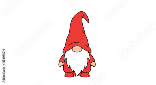 Garden gnome with a tall red hat and a long white beard stands alone in a simple cartoon illustration on a plain white background.